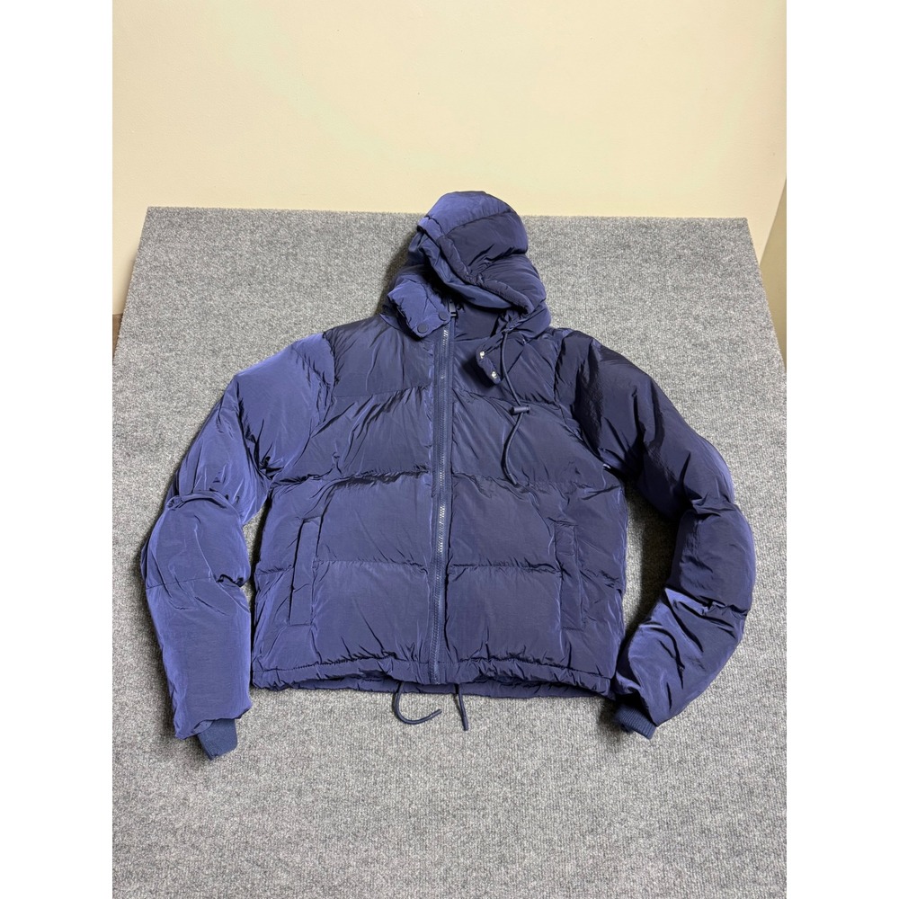 Good American Metallic Navy Blue Quilted Puffer Jacket Women's Size 1 Hooded
